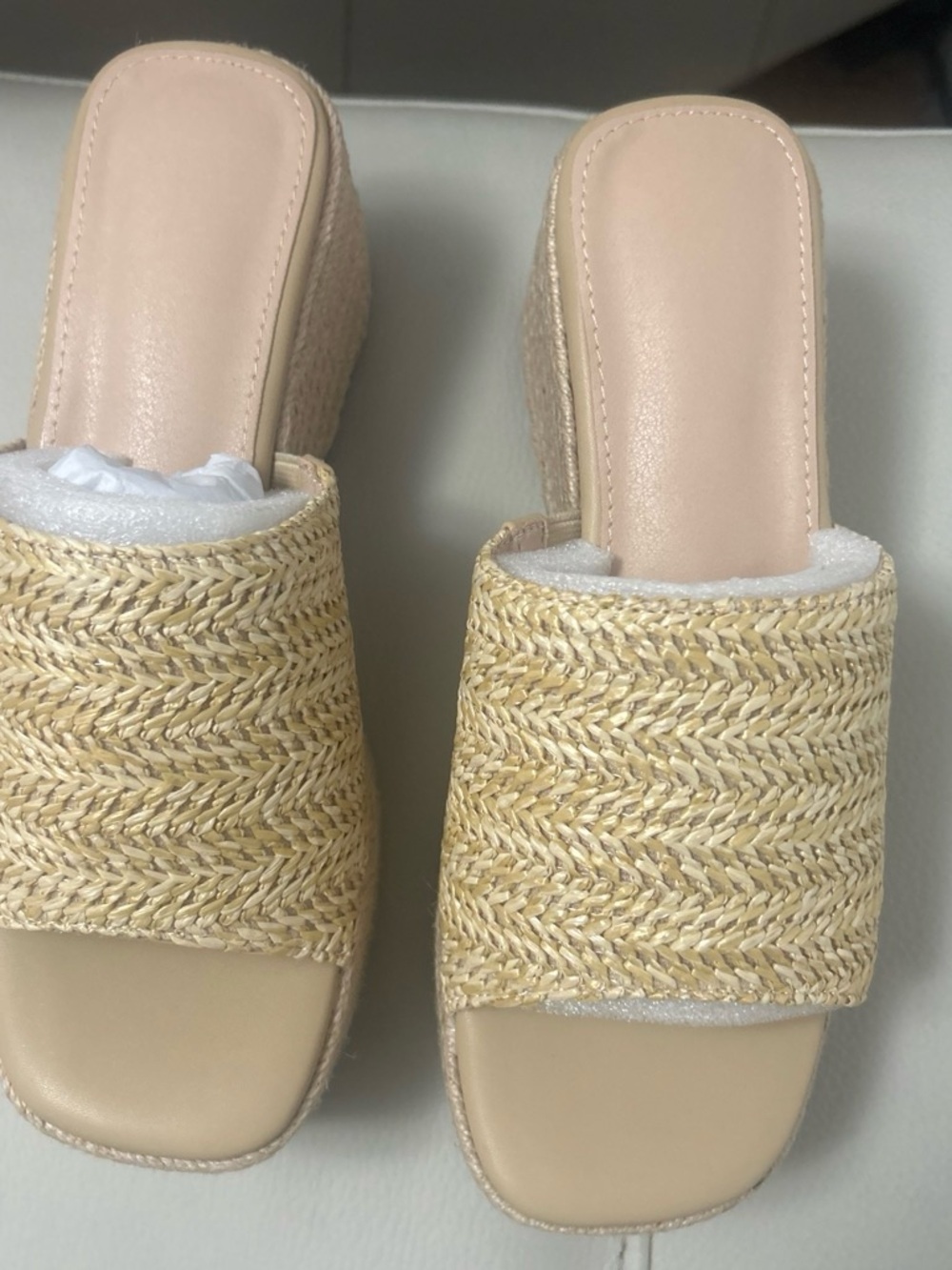 Neutral Beige Woven Slide Mules - Straw Upper